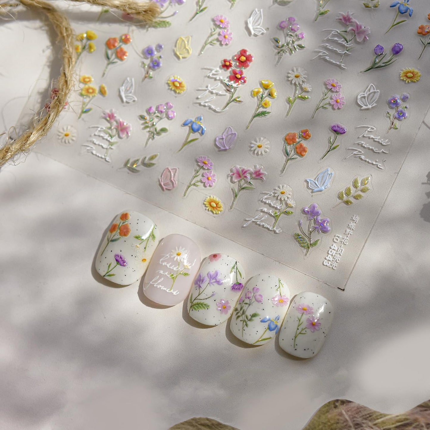 Flowers Nail Art Stickers for Acrylic Nails Colorful Flower Nail Decals 5D Embossed Self Adhesive Daisy Nail Sticker with Butterfly Designs Nail Stickers Spring Cute Floral Nail Decal for Women