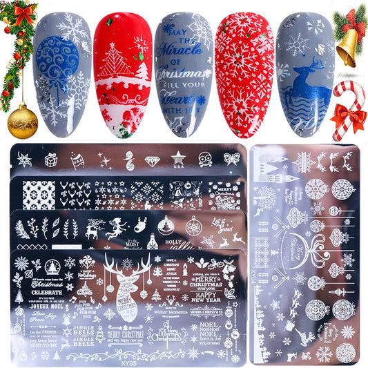 Christmas Nail Stamping Plates, 5Pcs Christmas Nail Stamper Kit Snowflakes Xmas Tree Bell Snowman Elk Nail Art Stencils Plates Winter Nail Stamp Kit Manicure Template Design Tool