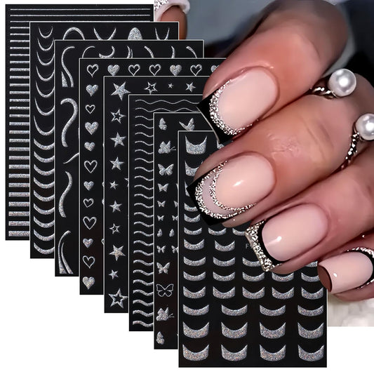 450Pcs French Tips Nail Stickers, 8 Sheets Self-Adhesive Classic Silver Matte Designs, French Manicure Nail Decals for Women Girls Beginners