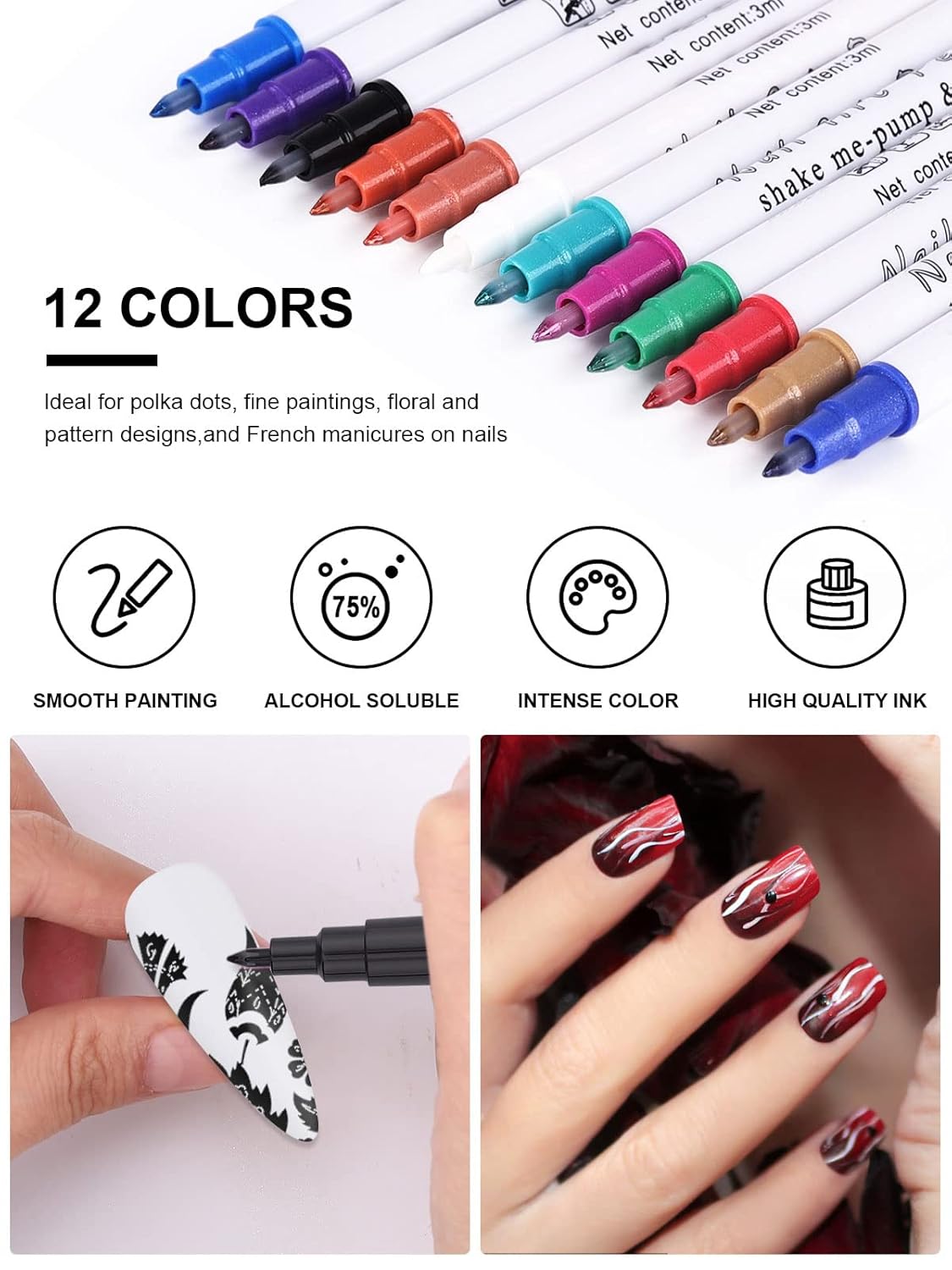 12 Color 3D Nail Art Pens Set, Kalolary Nail Point Graffiti Dotting Pen Drawing Painting Liner Brush for DIY Nail Art Beauty Adorn Manicure Tools