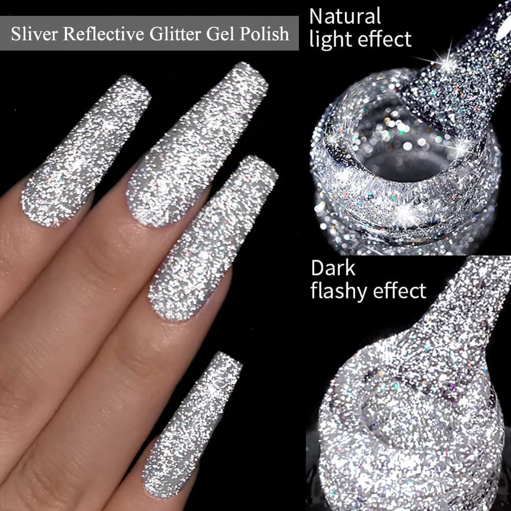 MIZHSE Reflective Glitter Gel Nail Polish, Silver Nail Gel Sparkly Shiny Gel Polish, Soak Off Nail Art Salon Varnish for Beginners Manicure DIY at Home
