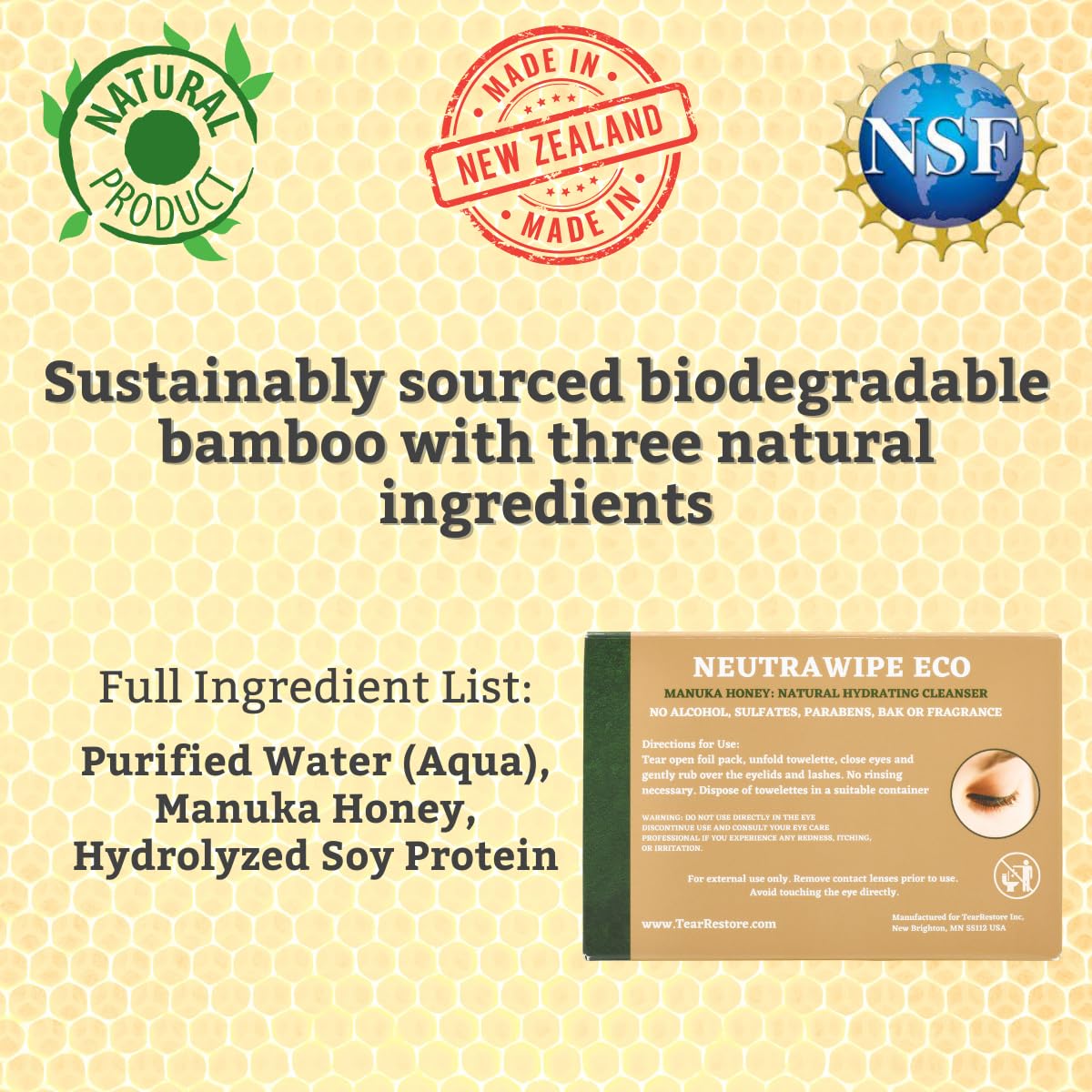 TearRestore NeutraWipe Eco Manuka Honey Eyelid Wipes | Ultra-Soft Biodegradable Eyelash Cleanser For Blepharitis & Dry, Itchy, Swollen, Irritated Eyes (30 Count)