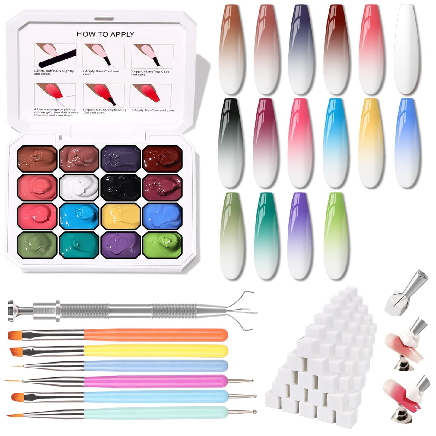 Sponge Pat Paint Nail Gel, Ombre Nails Gradient Gel Nail Blush Blooming Aura Nails Drawing Stripper Floral Painting DIY Nail Art, No Wipe, UV/LED Curing (16 Colors i)
