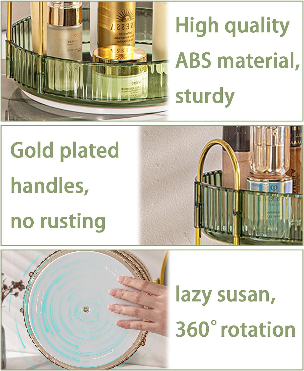 Rotating Makeup Organizer for Vanity, High-Capacity Skincare Clear Make Up Storage Perfume Organizers Cosmetic Dresser Organizer Countertop 360 Spinning (Green, 3 Tier)