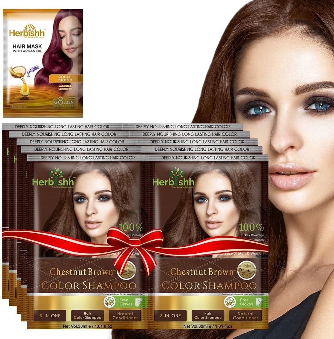 Herbishh Gray Hair Color Shampoo - Natural Argan Mask for Long-Lasting Color in Minutes - Travel Size, 10 Pack + 1 Pack, Ammonia-Free (Chestnut Brown)