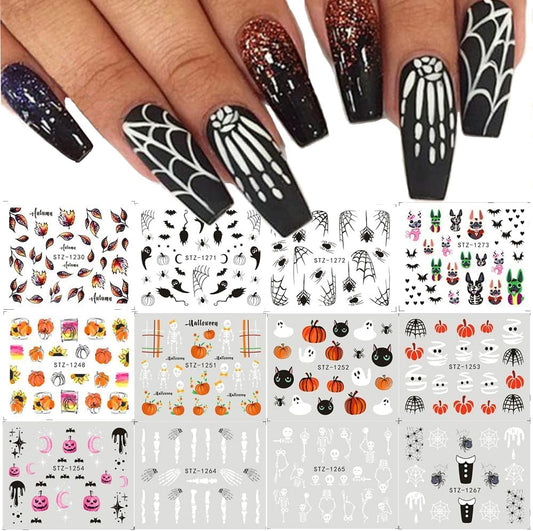 Halloween Nail Art Stickers Water Transfer Nail Decals 12Pcs Halloween Pumpkin Skeleton Spider Ghost Maple Leaf Designer Slider Nail Foils Fall Watermark Decals for Nail Manicure Accessories for Women