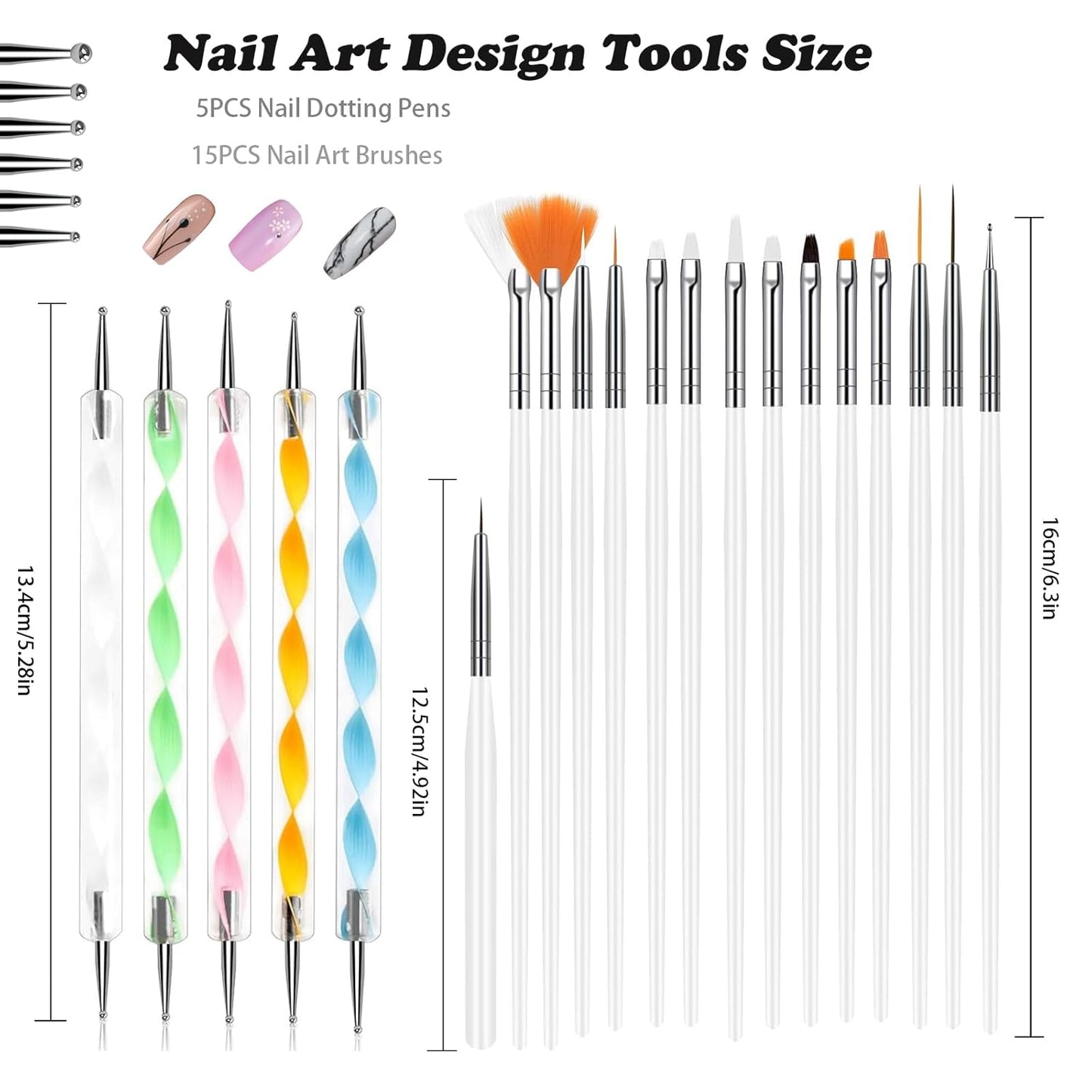 20Pcs Nail Art Brushes Tool Set, Nail Art Double-End Tools, Nail Liner Brushes, Silicone Pen Dotting Pen Tools Nail Art Kit for Home Nail Art DIY Salon Use-White