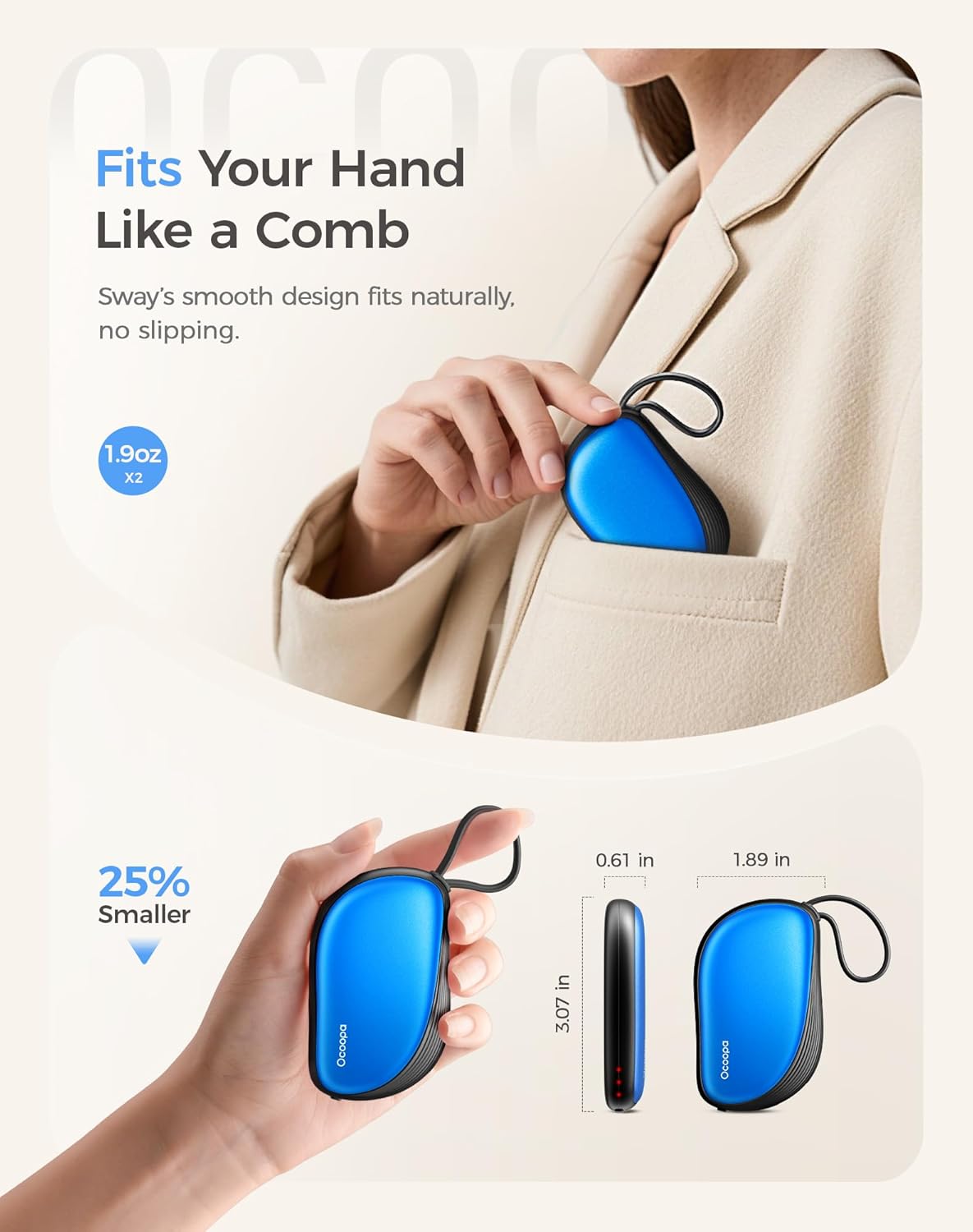 OCOOPA Hand Warmers Rechargeable 2 Pack, Ultra Slim Electric Hand Warmers, Portable Pocket Heater, Comb-Inspired, Fits in Gloves,UL Certified, Winter Essentials,UT5 Sway