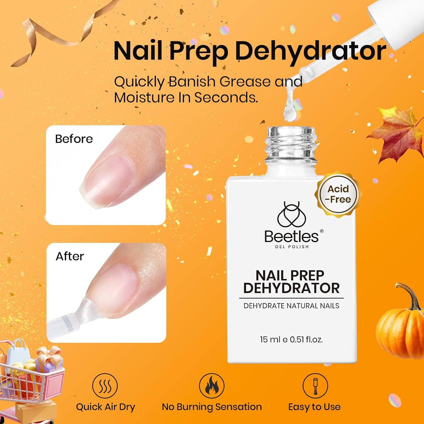 Beetles 4 Pcs 15ml Gel Top Coat and Base Coat Set with Nail Dehydrator and Primer Professional Nail Prep Acid-Free & Hema-Free Dehydrate Bond Primer Set for Acrylic & Gel Nail Polish Fall Nail Gifts