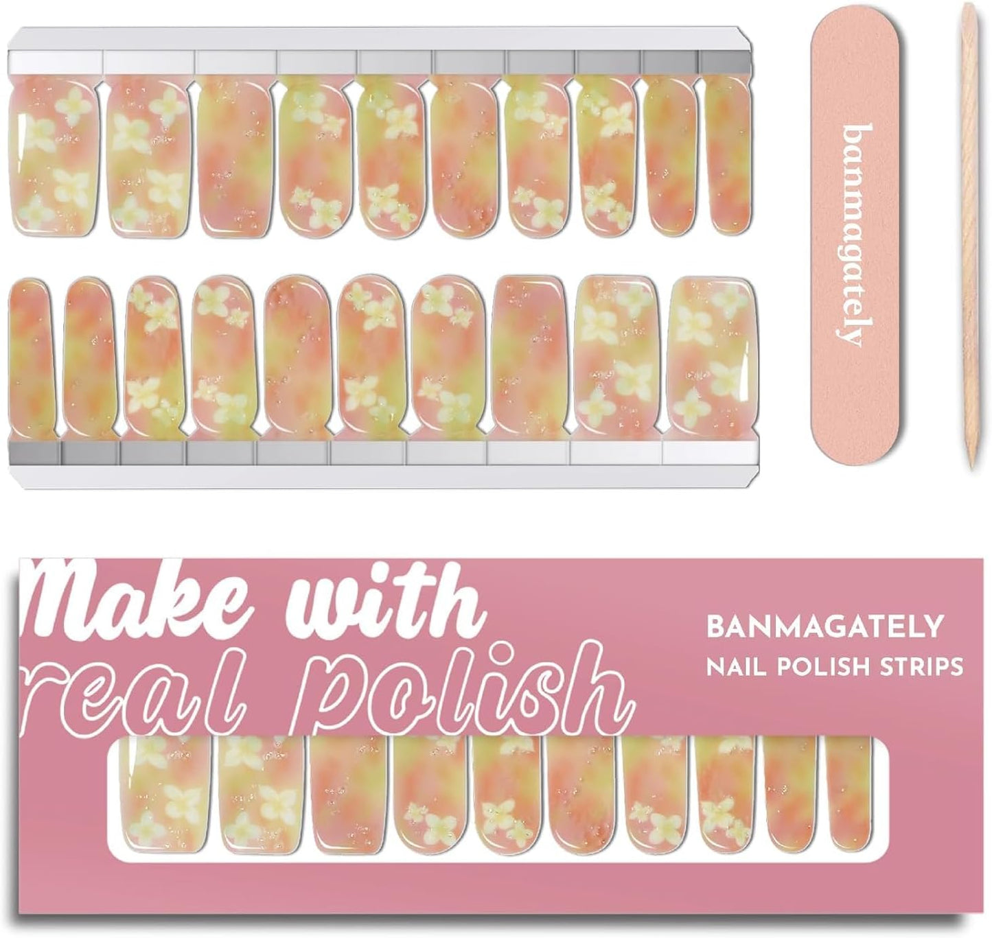 Nail Polish Strips, 20Pcs Salon Quality Gel Nail Stickers, Easy Long Lasting Wraps for Short Nails no UV Light Needed (Gradient White Flower)