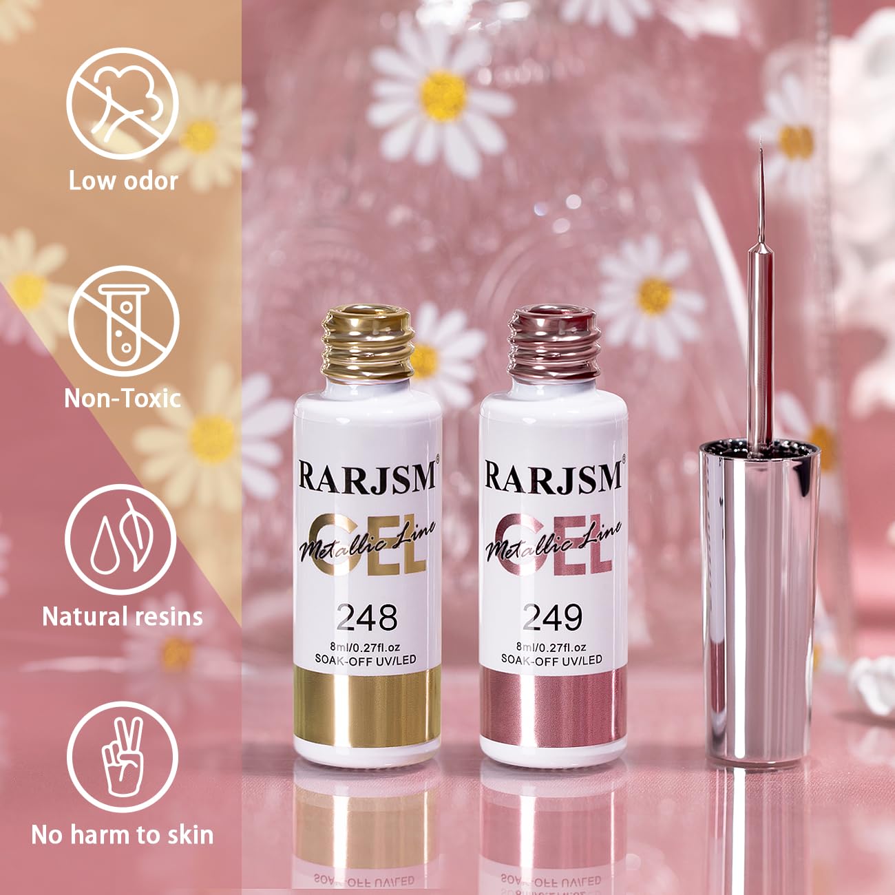 RARJSM Metallic Chrome Gel Liner Nail Art 3D Mirror Bronze Gold Rose Gold Effect Gel Nail Polish 8ml Painting Build in Thin Brush Metal Painted Drawing Striper GelPolish Curing Requires Home Salon