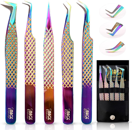 5 Pcs Fiber-Tip Japanese Steel Lash Tweezer Set with Leather Case, Professional Eyelash Tweezers for Lash Extensions – Titanium Coated, 90 & 45 Angled, Precision Pointed Tweezers (Rainbow Color)