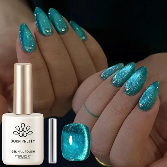 BORN PRETTY Cat Magnetic Eye Gel Nail Polish, Blue Melbourne Glitter Cat Magnetic Gel Nail Polish, Holographic Magnetic Nail Polish for Nail Art Manicure Salon DIY at Home 15ML