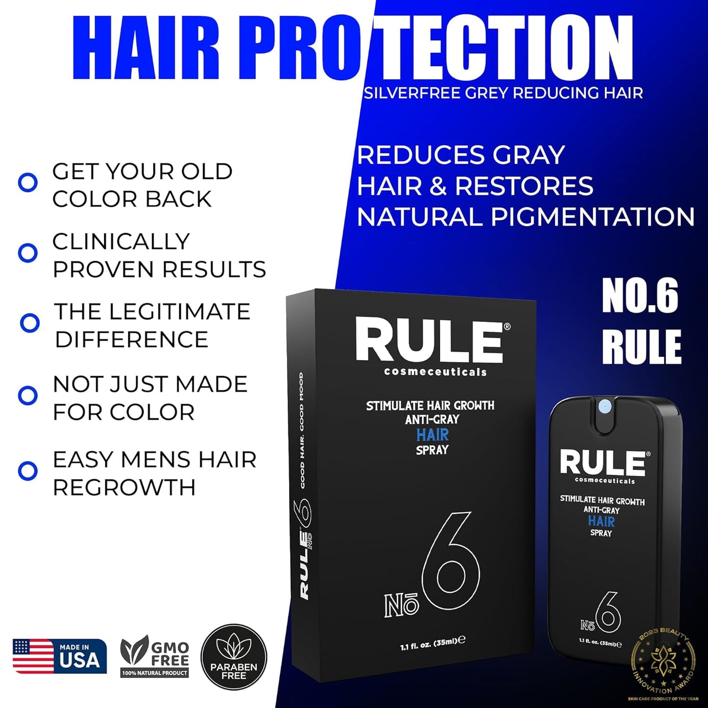 RULE No.6 Hair Growth Spray & Anti Grey Hair Treatment, Minoxidil Alternative Hair Regrowth Treatment for Men, Natural Hair Color Restorer, Topical Hair Growth Serum, Stop Hair Loss & Thinning