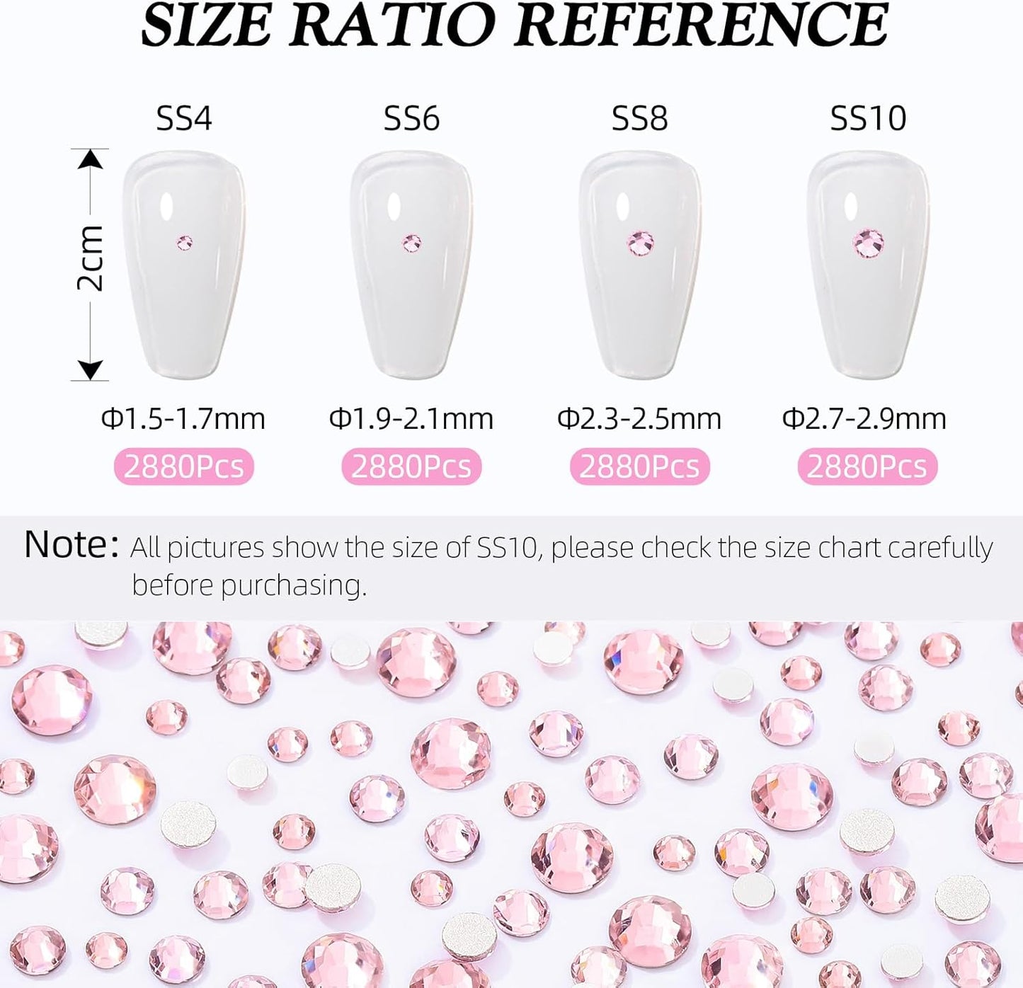 Pink Flatback Rhinestones, Glass Rhinestones for Nail Art and Craft, Glue Fix, Loose Crystal Gemstones(Pink, SS4, 2880pcs, 1.5-1.7mm)