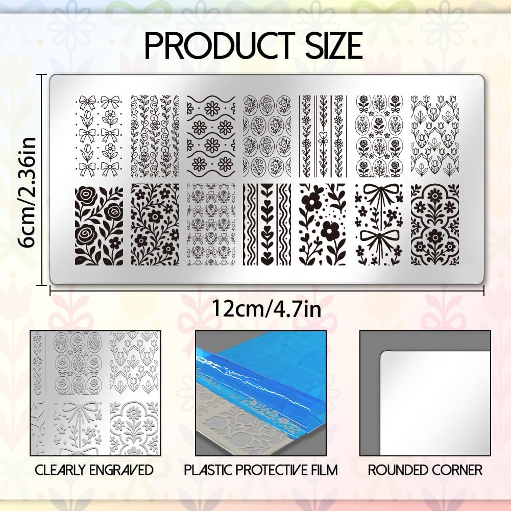 UNICRAFTALE 3Pcs Flowers Nail Plates Stamping Set Spring Bows Plants Stamp Nail Templates Reusable Stencils Stainless Steel DIY Nail Art Plates Nail Stamp Templates Kit DIY Printing Tools