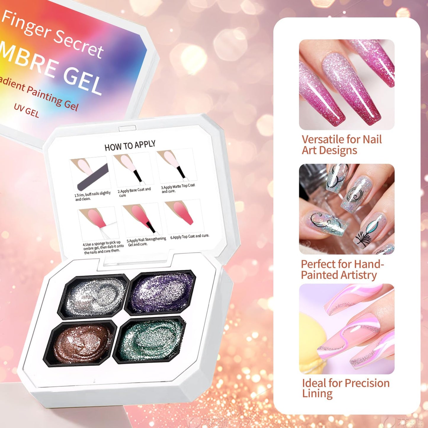 Finger Secret 4 Colors Set Ombre Gel Nail Polish,Gradient Painting GelS with 20pcs Nail Sponges for Gel Paint for Nails Art can be Painted in Salon or Home Use (k10)