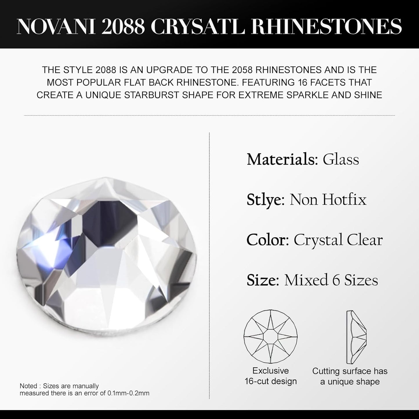 Novani Clear Rhinestones Flat Back Round Rhinestone Style 2088 Sparkly Crystal Gemstones for Makeup Nail Art Crafting,Mixed Small Size(SS6-SS20)