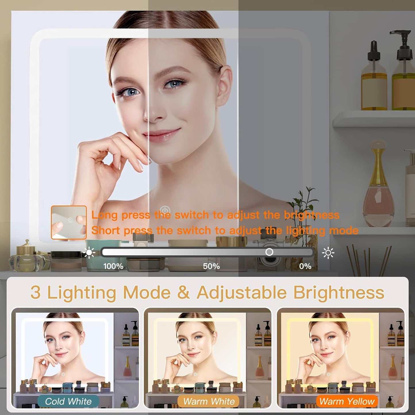 Quimoo Makeup Vanity Desk with LIighted Mirror, Vanity Desk with 5 Drawers & Storage Shelves, Vanity Table, 3 Color Modes & Adjustable Brightness Dressing Table, Bedroom