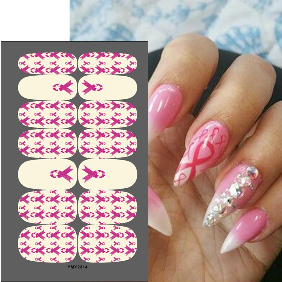 6Sheets Breast Cancer Gel Nail Stickers Pink Ribbon Polish Strips Self-Adhesive Awareness Full Wraps Decals Gradient Pink Butterfly Strips for Women DIY Manicure