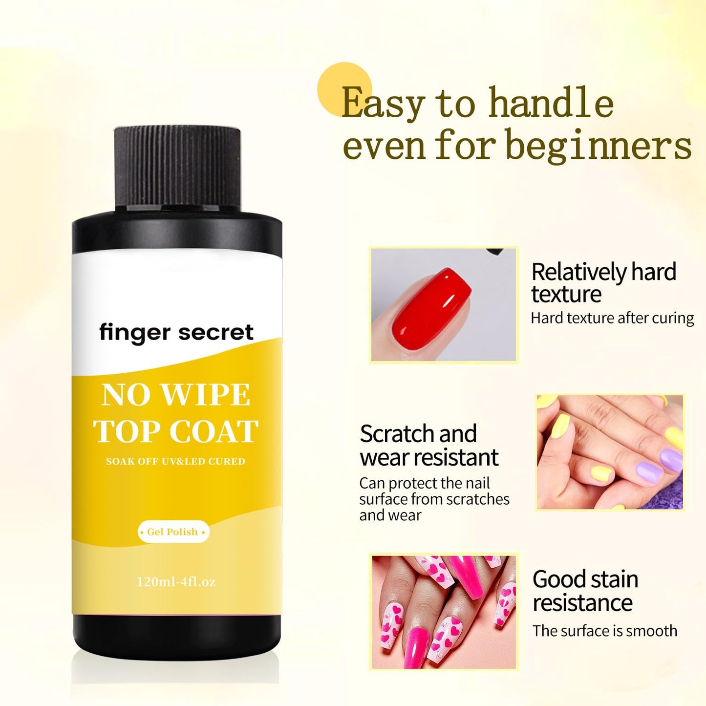 120ml/4floz No Wipe Gel Top Coat for Gel Nail Polish, Quick Dry Clear Nail Polish, Nail Supplies for DIY in Salon or Home Use.