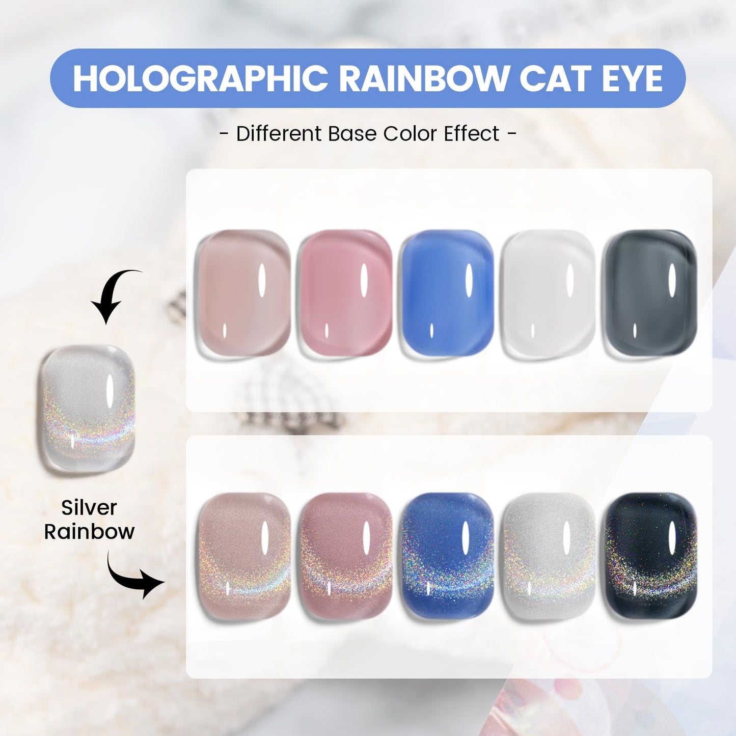 RARJSM Holographic Rainbow Cat Eye Gel Nail Polish with Magnet Stick Clear Silver Iridescent Glitter Sparkle 9D Cat Eye Gel Polish Soak off UV LED Curing Requires Soak Off Home Salon Diy Nail Art