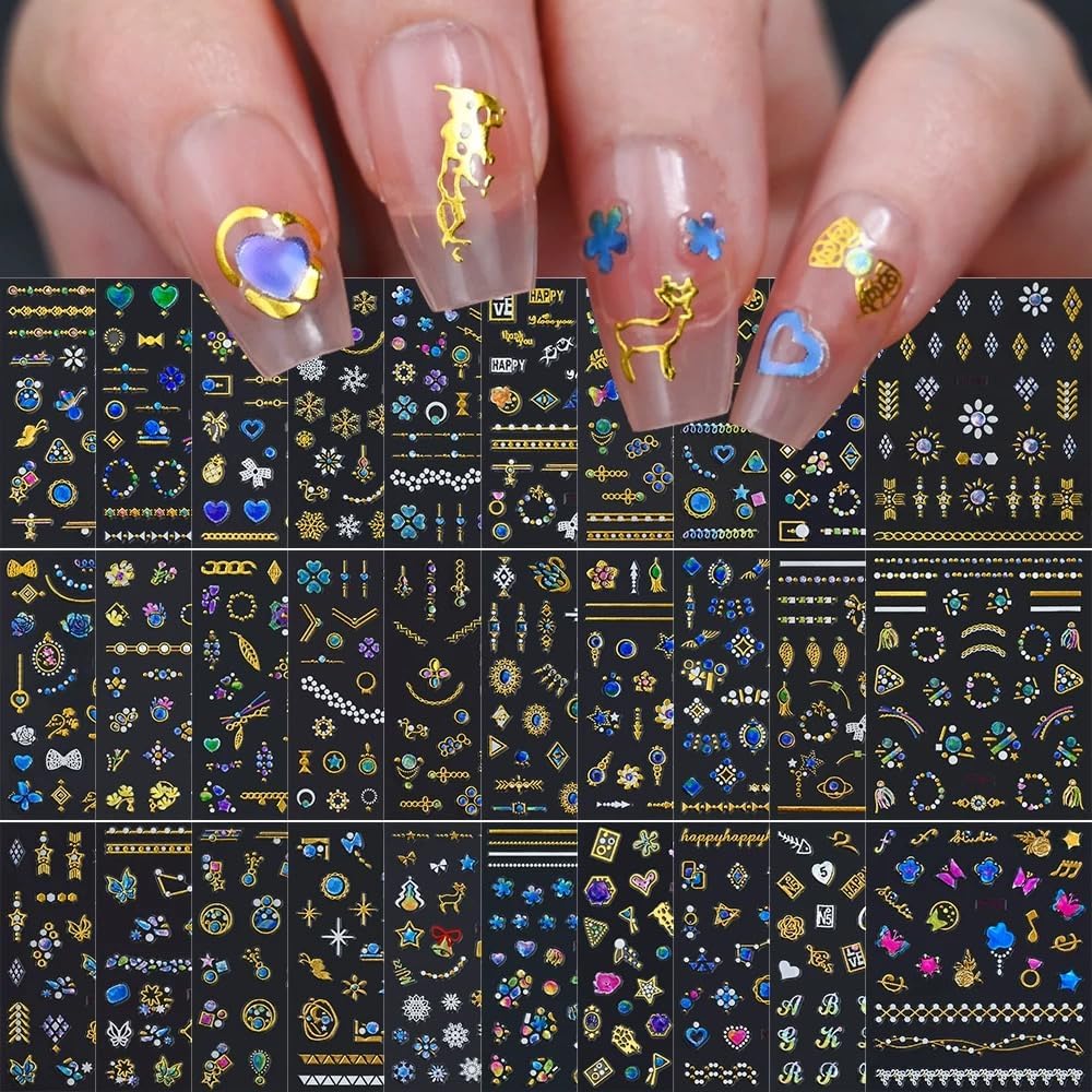 30 Sheets Gem Star Nail Stickers 3D Self Adhesive Luxury Blue Gems Theme Nail Art Charms Sticker Decals for Crafts Supplies Accessories (ST-BG)