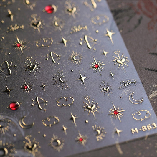Gold Star Nail Stickers for Nail Art 3D Self Adhesive Moon Heart Nail Art Stickers Gold Star Nail Decals Glitter Nails Design for Acrylic Nails Heart Moon Star Nail Supplies for Women Girls