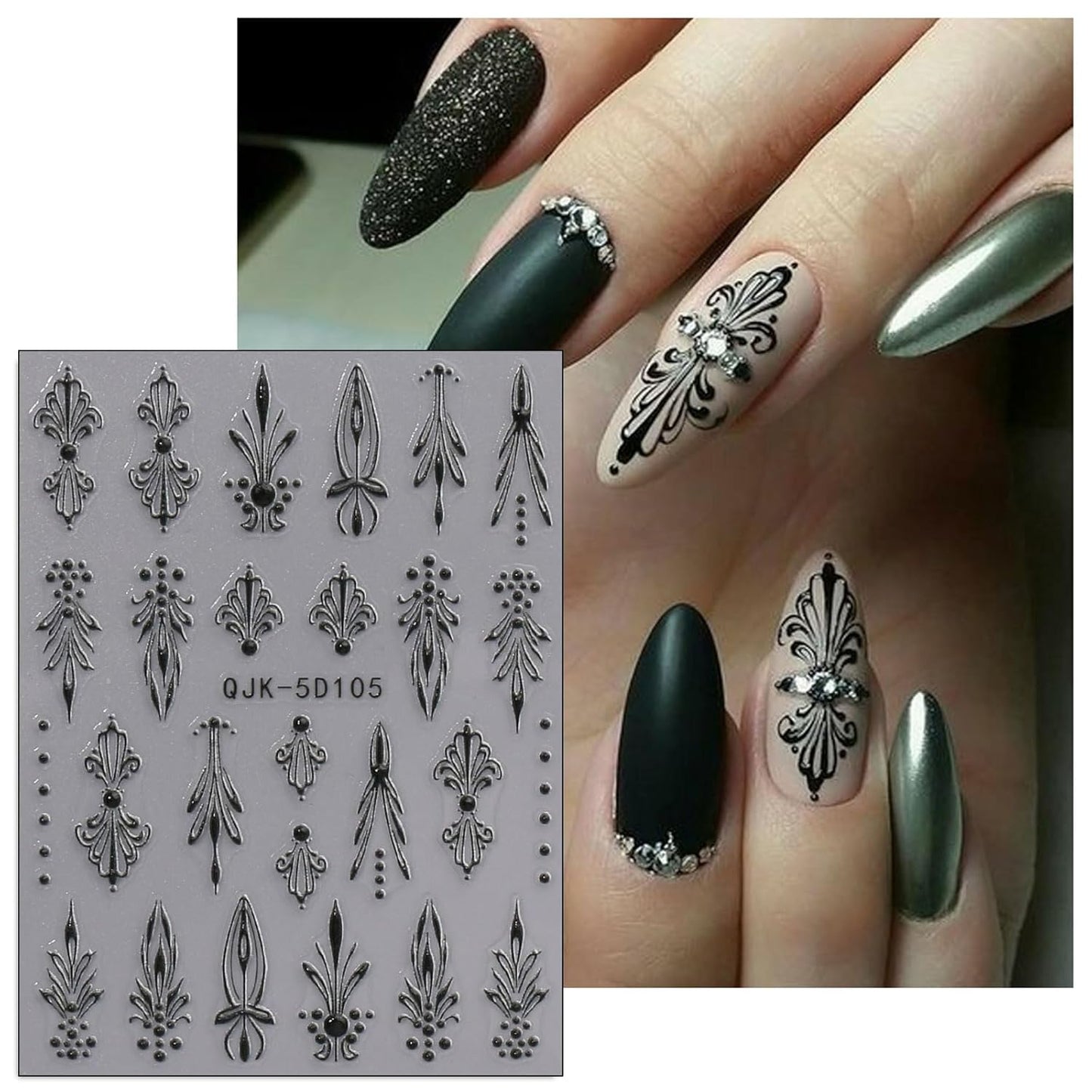 JMEOWIO 3D Embossed Black White Flower Nail Art Stickers Decals Self-Adhesive Pegatinas Uñas 5D Leaves Lace Nail Supplies Nail Art Design Decoration Accessories 4 Sheets