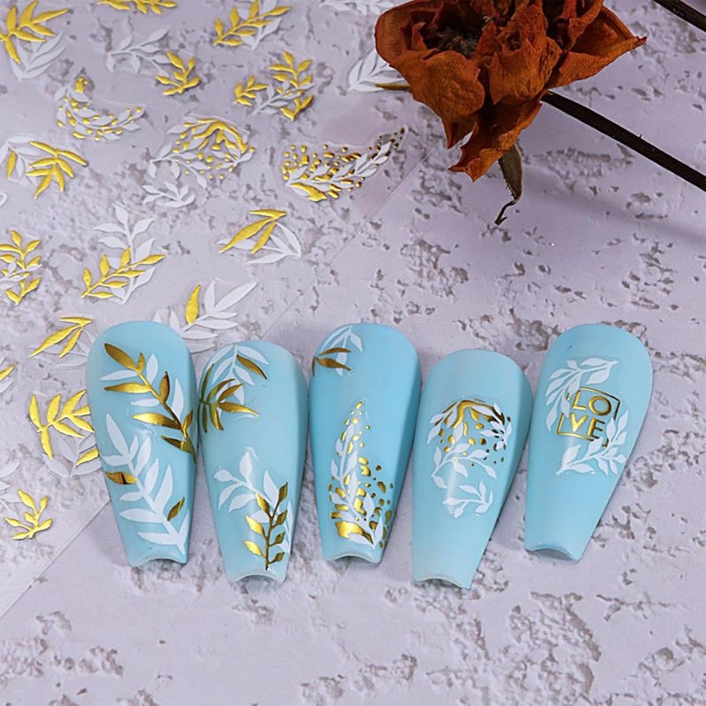 8 Sheets Gold Flower Nail Stickers - 3D Self-Adhesive Leaf Art Decals for Spring Designs - Manicure Decorations for Women, Style8