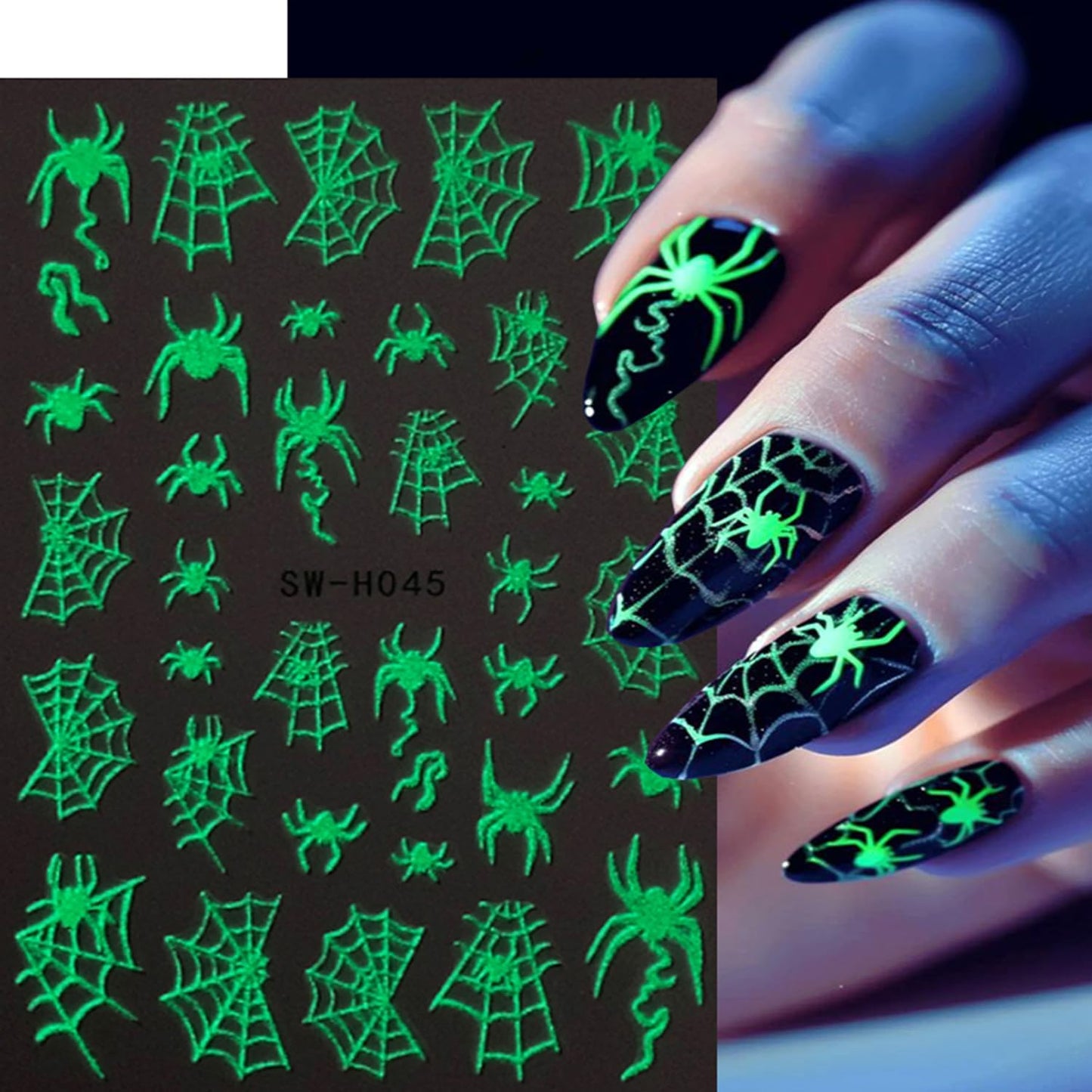 Luminous Halloween Nail Art Stickers Decals Cute White Ghost Nails Stickers Skeleton Spider Web Nails Decals Self-Adhesive Glow in The Dark Nail Art Decal for Women Halloween Decor