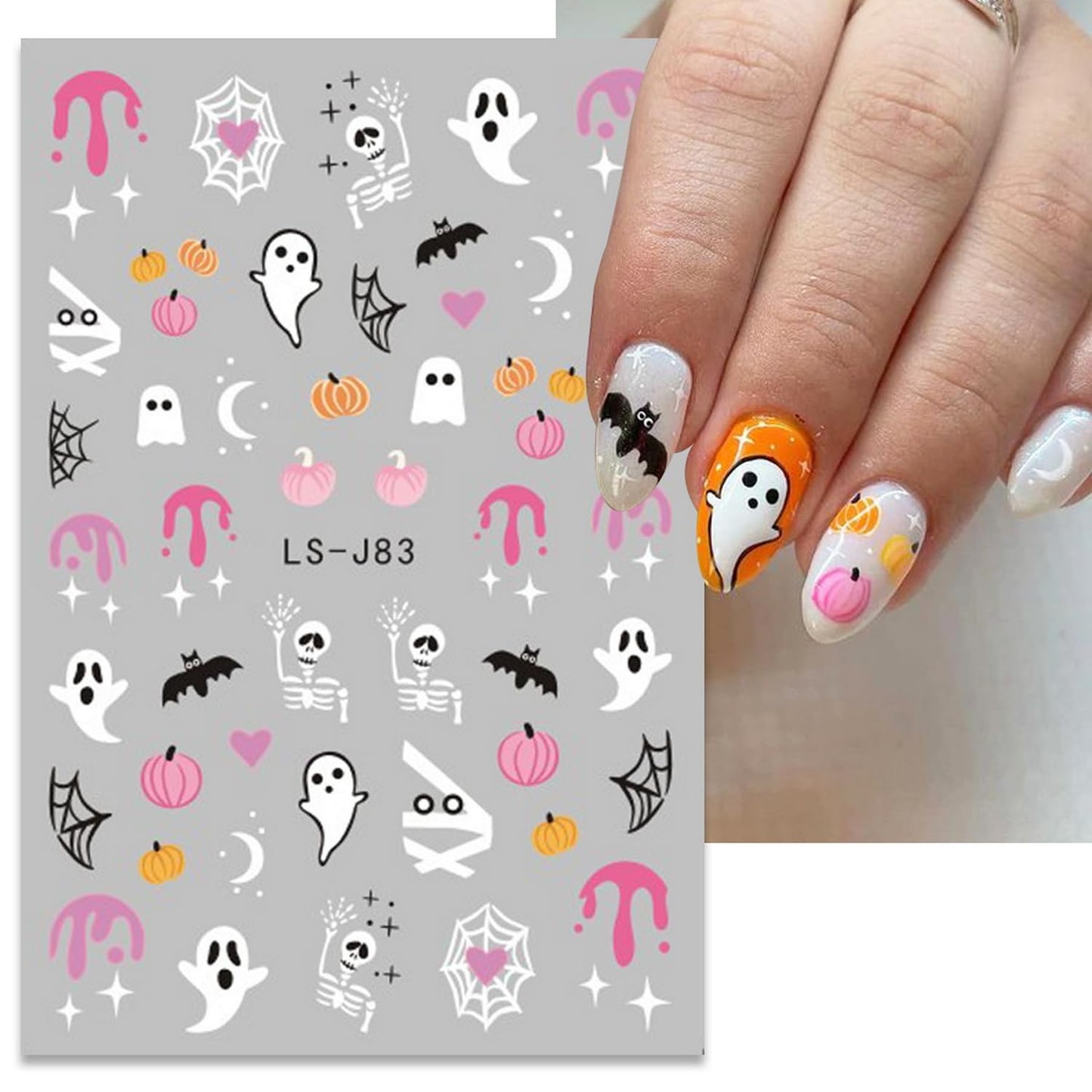 Halloween Nail Art Stickers Cute Ghost Pumpkin 3D Self-Adhesive Nail Decals Bat Cat Skull Designs Nail Decorations Halloween DIY Manicure Supplies for Women Girls&Kids 6Pcs