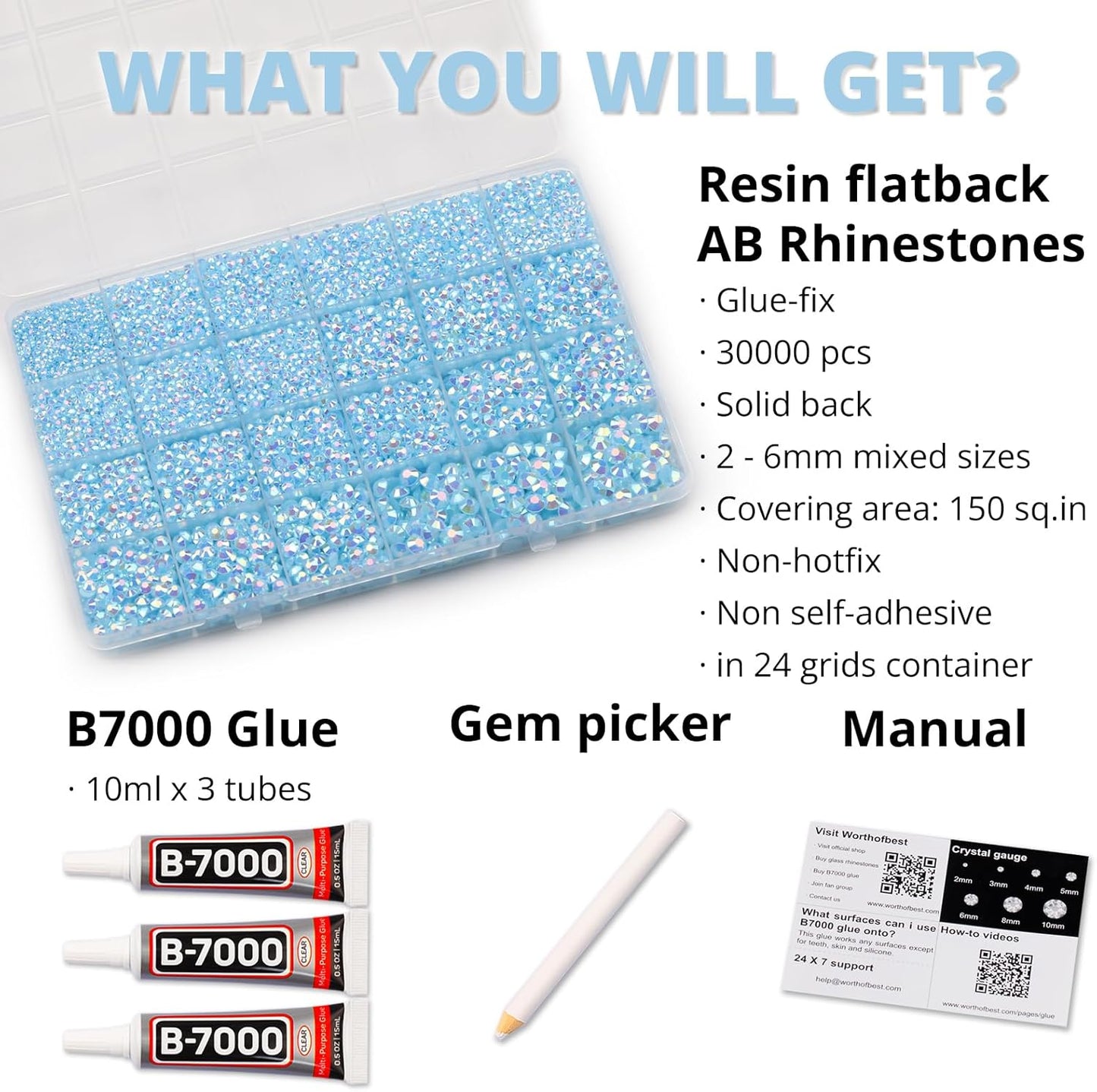 30000Pcs Resin Jelly Rhinestones Set for Crafting Bedazzling, Light Blue AB Flatback Gems Jewels for Crafts Clothes Shoes Fabric Outfit Nails Makeup, Flat Back Crystal 2-6mm with b 7000 Glue