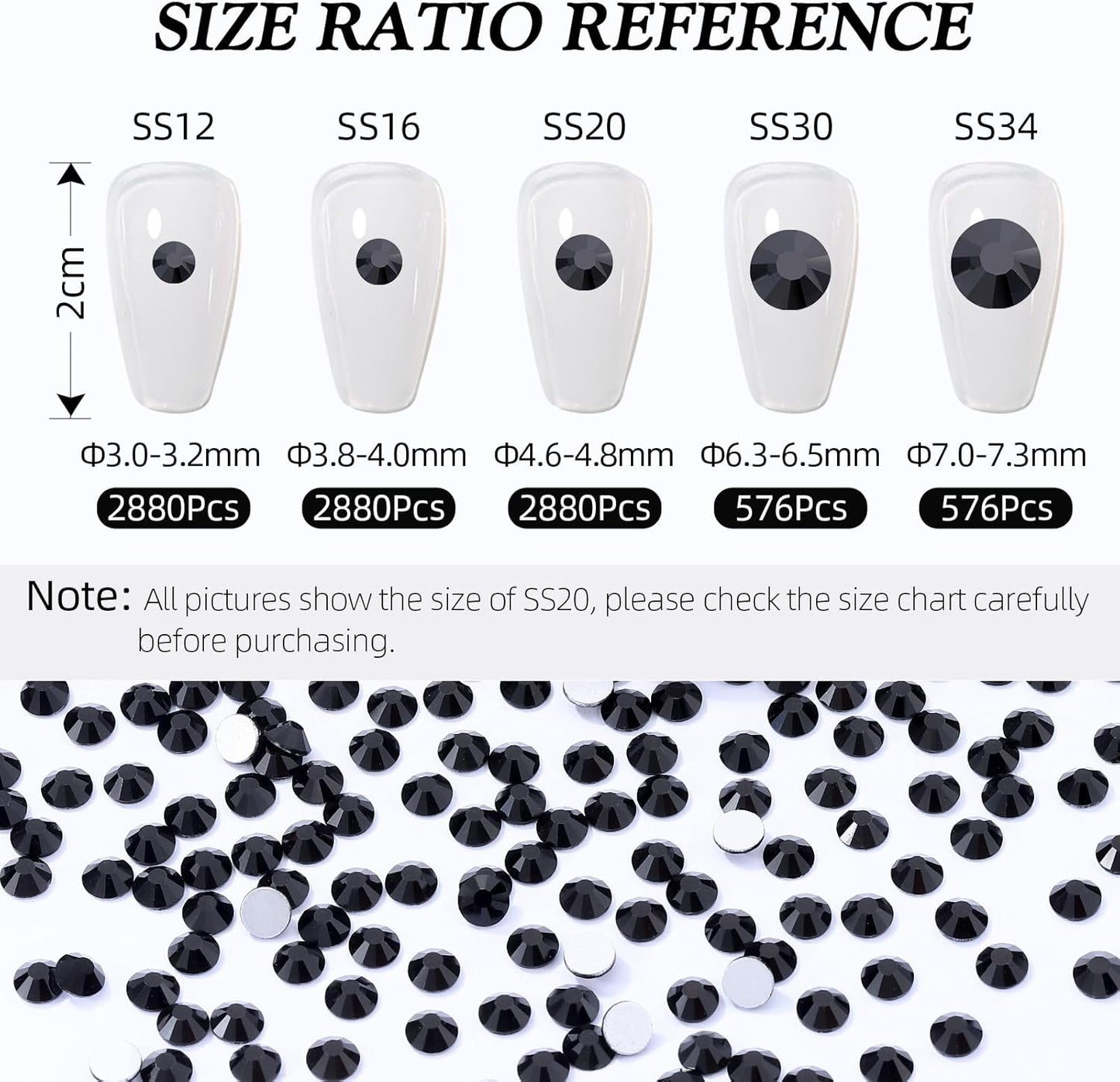 Black Flatback Rhinestones, Glass Rhinestones for Nail Art and Craft, Glue Fix, Loose Crystal Gemstones(Black, SS34, 576pcs, 7.1-7.3mm)