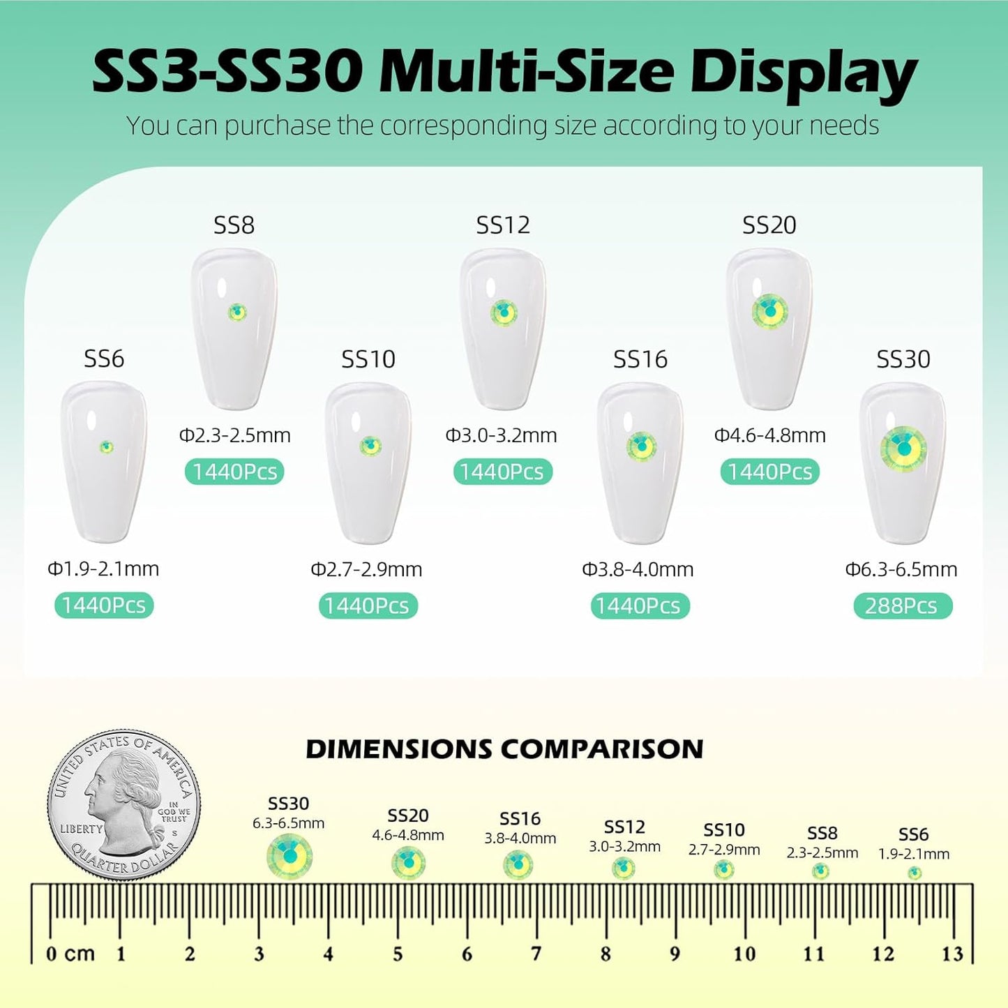 F Green Flatback Rhinestones, Glass Rhinestones for Nail Art and Craft, Glue Fix, Loose Crystal Gemstones(F Green, SS8, 1440pcs, 2.3-2.5mm)