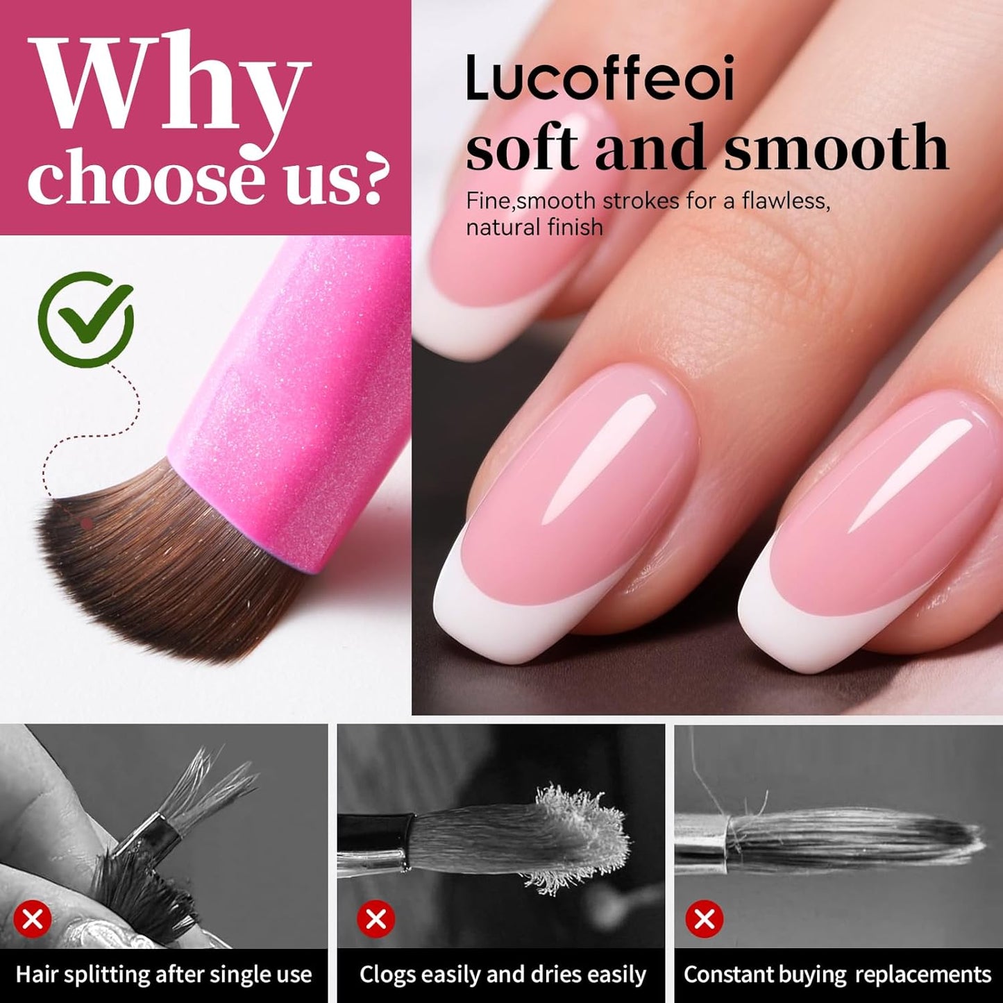 Nail Brush for French Tip, Nail Cleaning Brush for Gel & Acrylic - Professional Kolinsky Sable French Manicure Brush, Thin Nail Art Brush for Precise Clean Up & Polygel Application (Pink, F16)