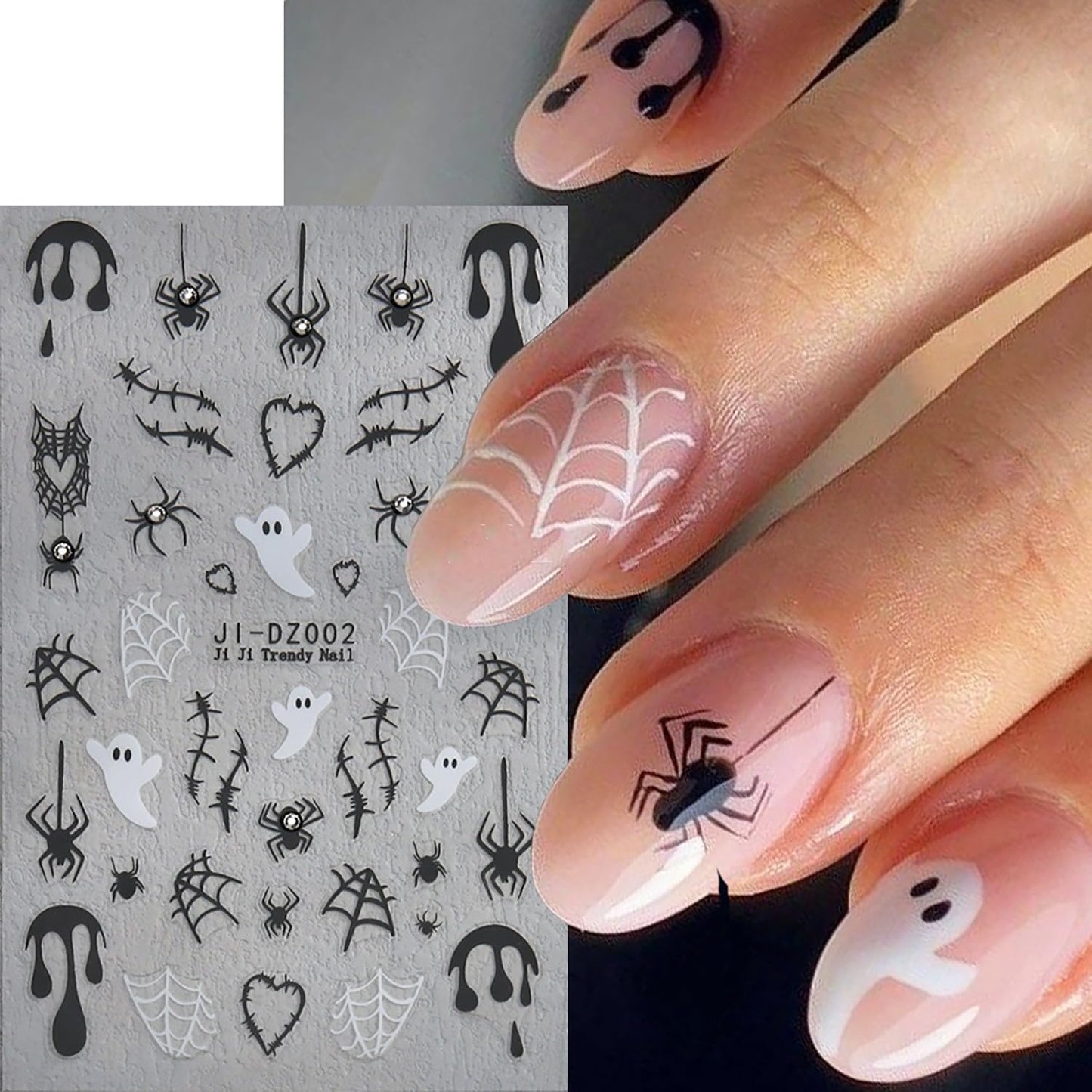 Halloween Nail Art Stickers 6 Sheets Cute Little Ghost Skull Blood Pumpkin 3D Nail Art Self-Adhesive Stickers Nail Spider Web Bat Decoration Pink Ghost Nail Supplies for DIY Nail Decal Art