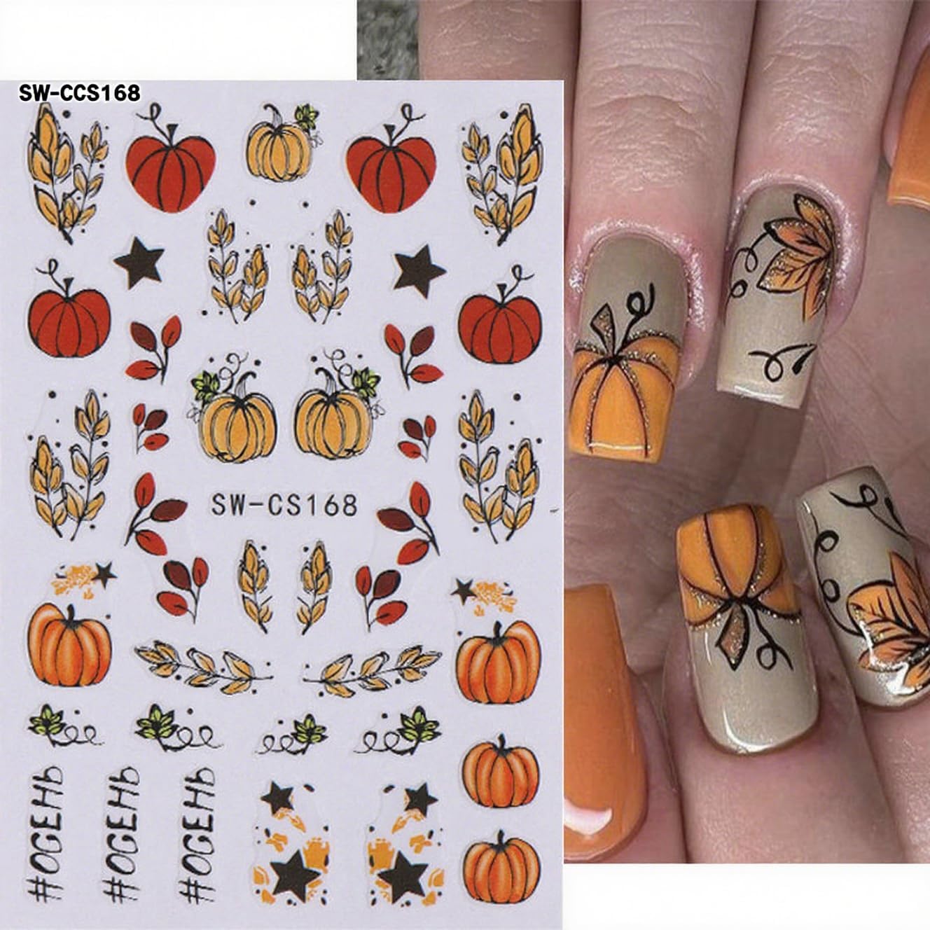 6Pcs Fall Nail Stickers Thanksgiving Pumpkin Nail Decals DIY Self Adhesive Maple Leaves Nail Design Sticker Autumn Nail Decoration Supplies Manicure Accessories for Women Girls