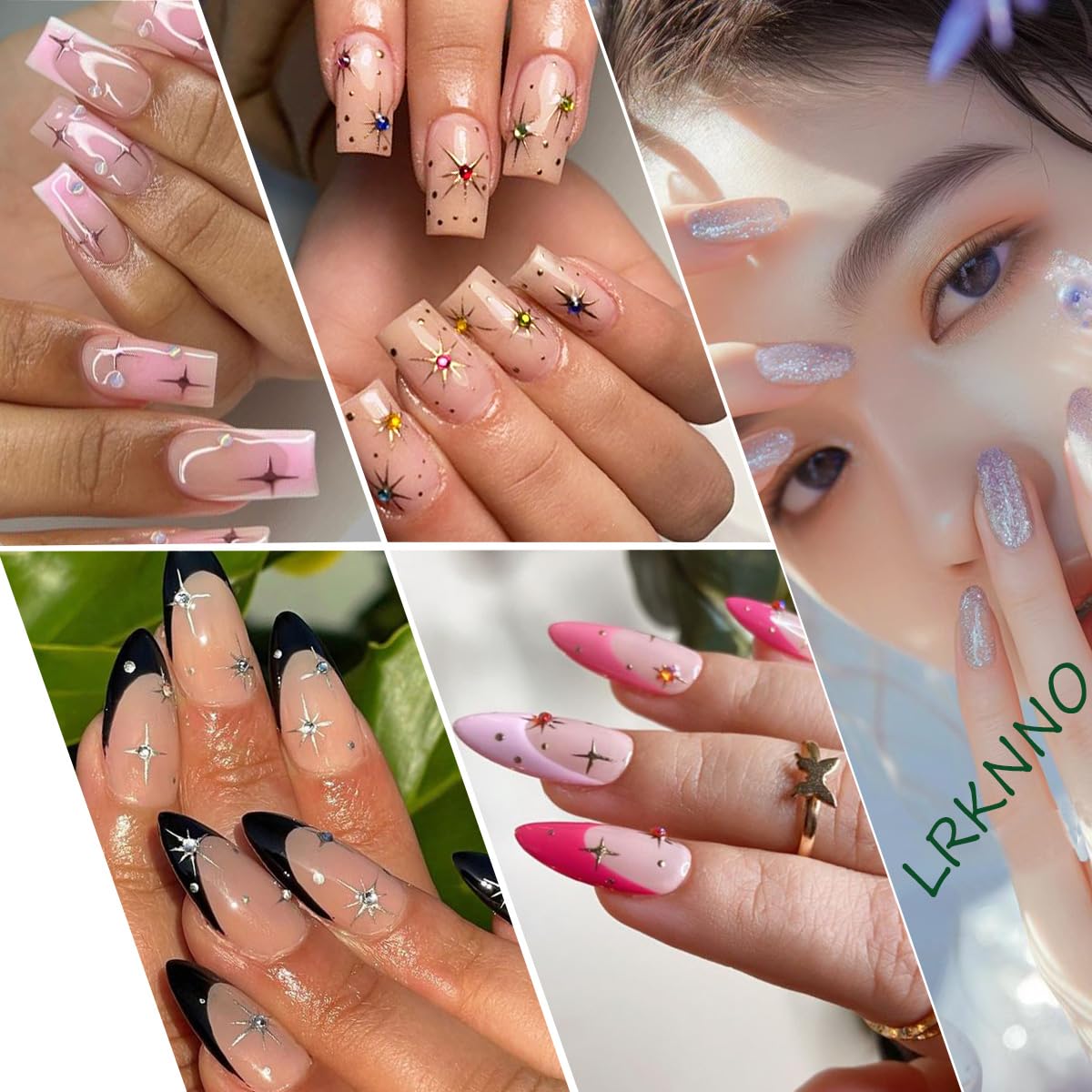 6 Sheets 3D Glitter Shiny Crystal Nail Art Sticker Star Charms Silver Black White Stickers Self-Adhesive Design Luxury Nail Decals for French Manicure