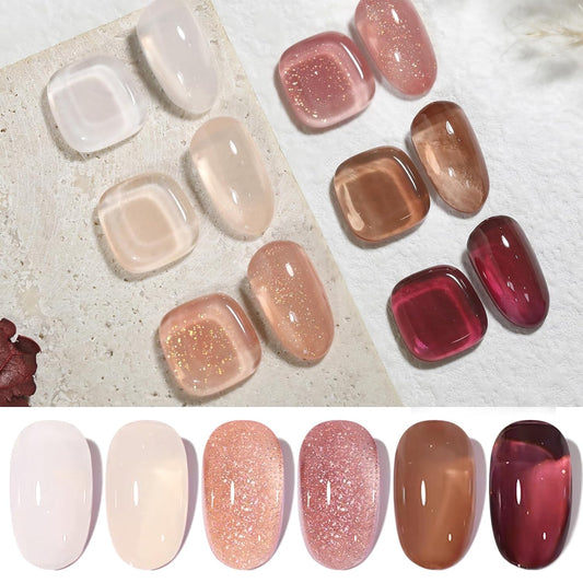 Born Pretty Jelly Gel Nail Polish Fall Winter Brown Nude Dark Wine Red Sheer Gel Nail Polish, Crystal Transparent Gel Polish Nail Art Manicure DIY Salon and Home 7ML 6PCS