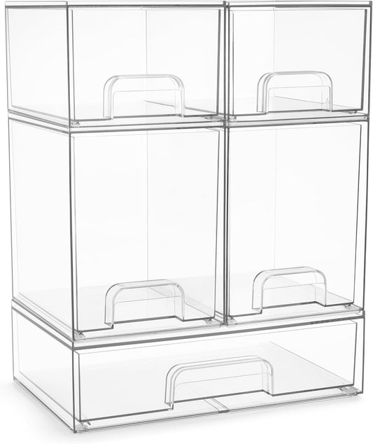 Sorbus Acrylic Storage Containers - 5 Pack, Stackable Storage Bins Set for Bathroom Organization - Clear Acrylic Drawer Organizers - Makeup Case Pull-Out Drawers (7.6’’ and 4.4’’ Tall and 12.1’’ Wide)