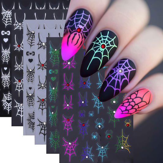 6 Sheets Shining Crystal Diamond Spider Web Nail Stickers for Nail Art Self-Adhesive Halloween Nail Decals Spider Web Spiders Stickers Fall Holiday DIY Manicure Decoration Supplies Sticker for Women