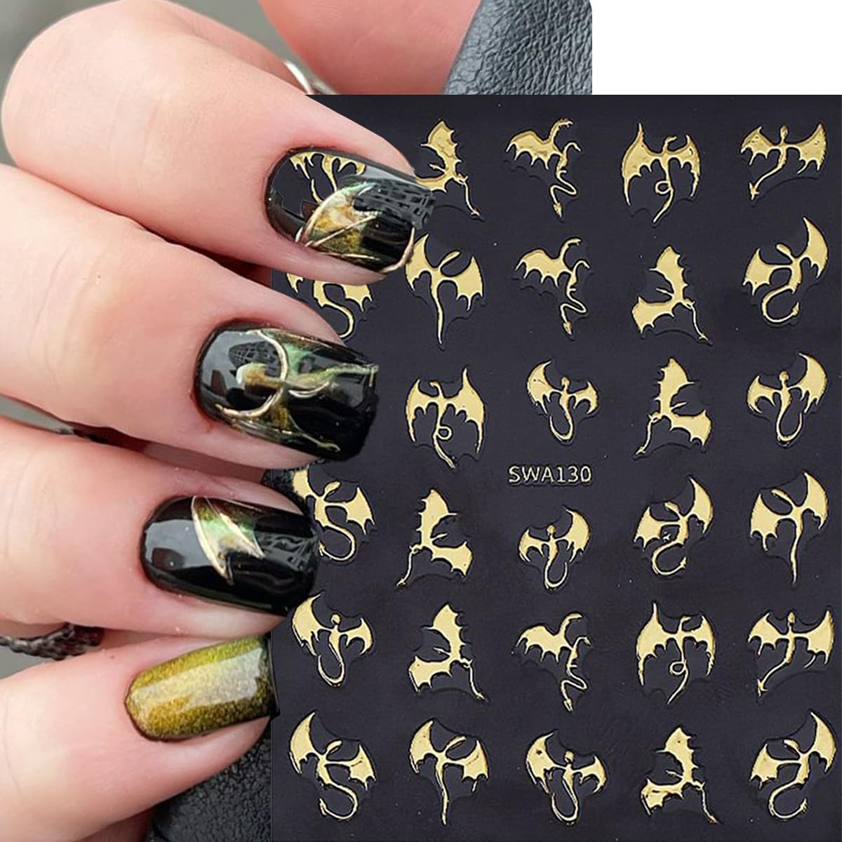 6Sheets Bat Nail Stickers Halloween Nail Decals Dragon Nail Art Stickers Gold Silver Laser Bronzing Design Cute Sticker Nail for Nail Art for Women DIY Manicure Decor Supplies