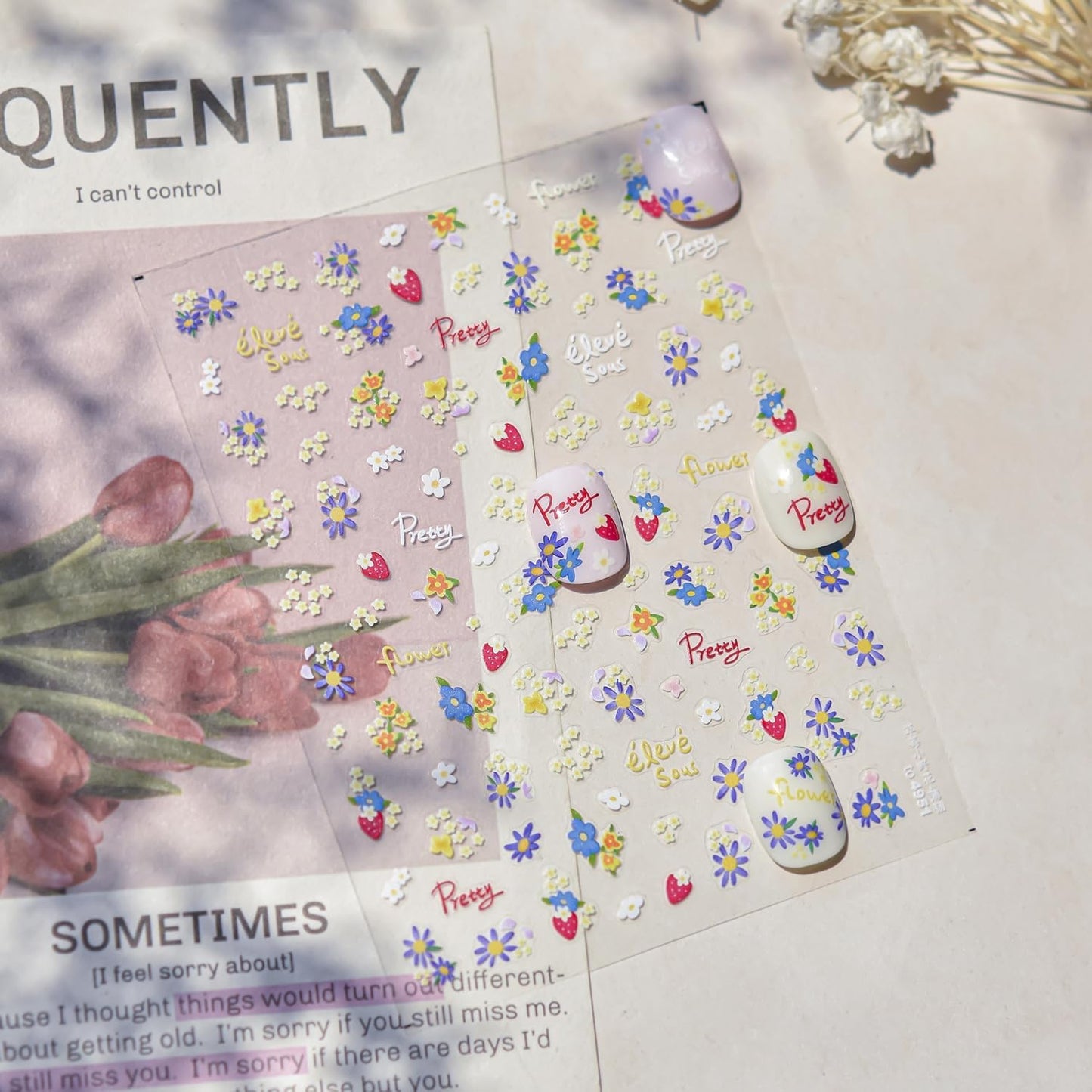 Flower Nail Stickers for Nail Art Strawberry Nail Stickers Summer Cute Floral Pink 5D Embossed Concise Nail Decals Self-Adhesive Nails Supply Manicure Sliders Flower for Women Nails Decoration