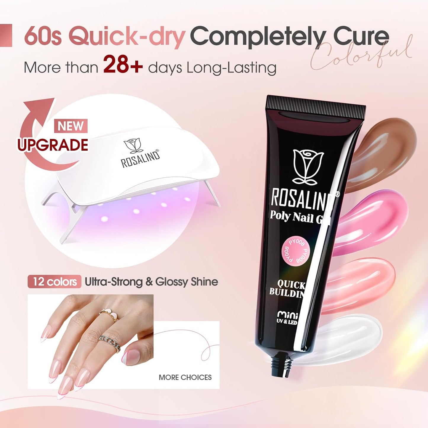 ROSALIND 12PCS Pink Brown Poly Nail Gel Kit with Mini Nail Lamp White Glitter Pink Poly Extension Gel Set