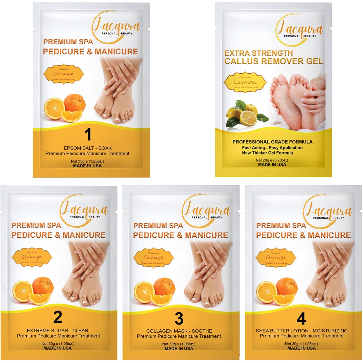 Epsom Salt Soak, Callus Remover Gel, Extreme Sugar Scrub, Collagen Mask & Shea Butter Lotion – Professional Spa Foot Care System 5 Step Luxury Pedicure Kit. Orange 03 Set