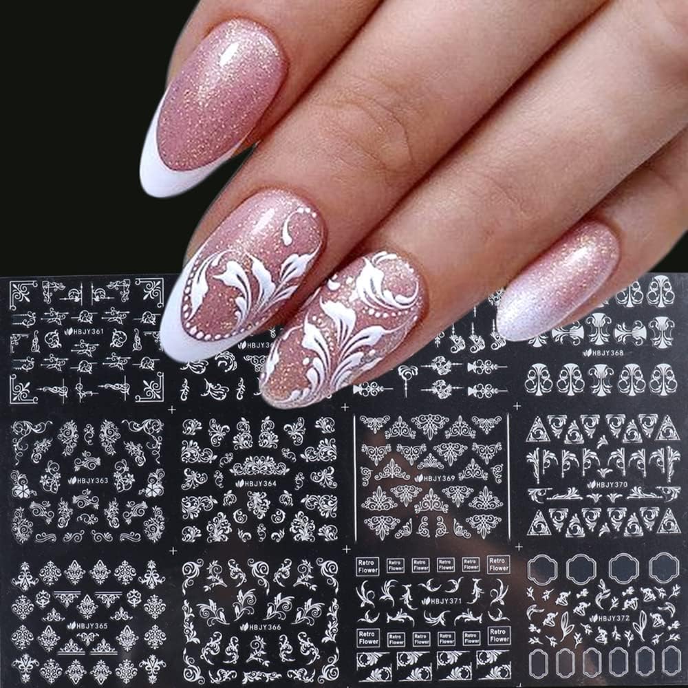 Flowers Nail Art Stickers Decal ,White Flowers Nail Stickers Nail Art Supplies 3D Retro Lace Flower Leaf Vine Geometric Self Adhesive Floral Nail Decals Wedding Nail Designs for Women Manicure Decorations(361-372 White)