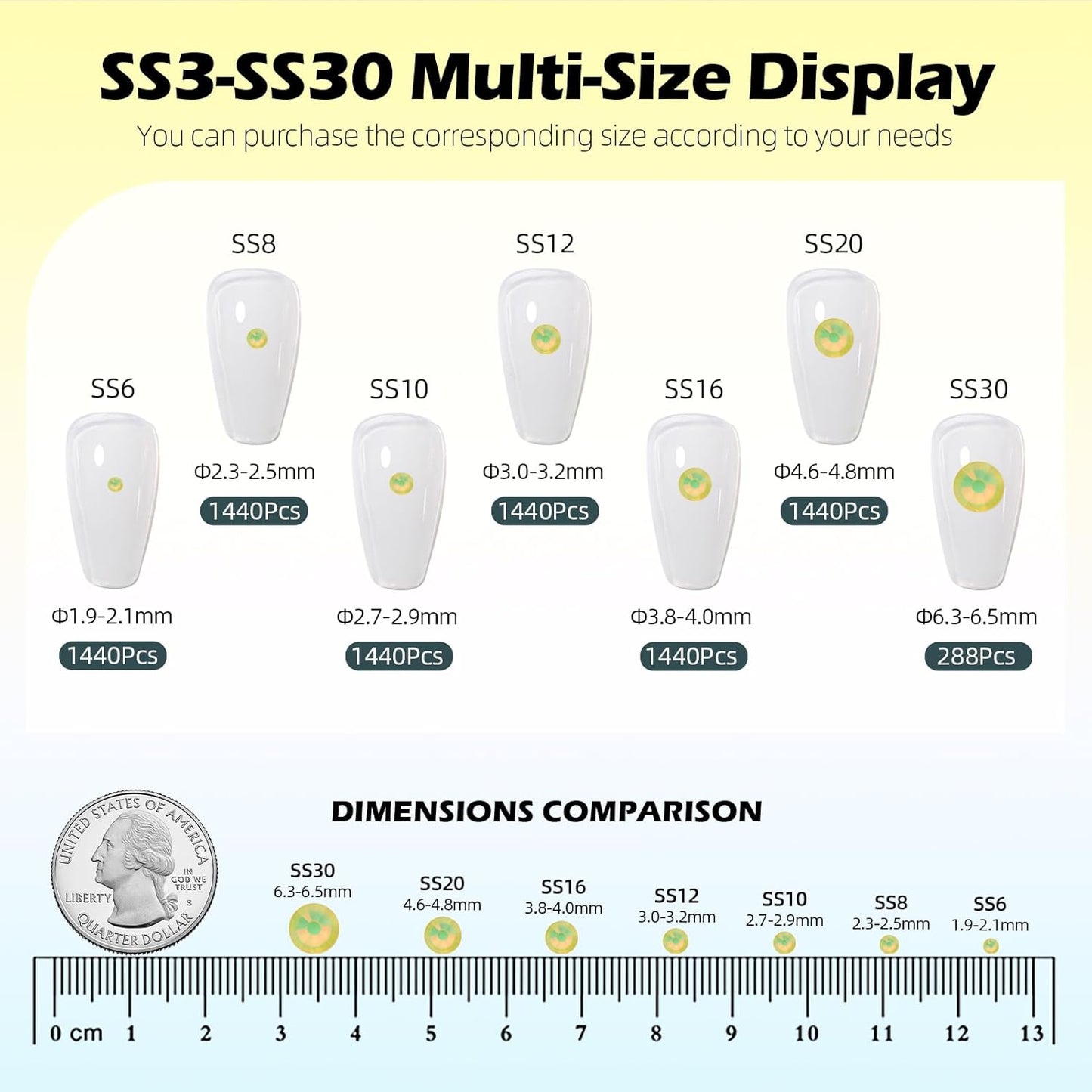 F Yellow Flatback Rhinestones, Glass Rhinestones for Nail Art and Craft, Glue Fix, Loose Crystal Gemstones(F Yellow, SS20, 1440pcs, 4.6-4.8mm)