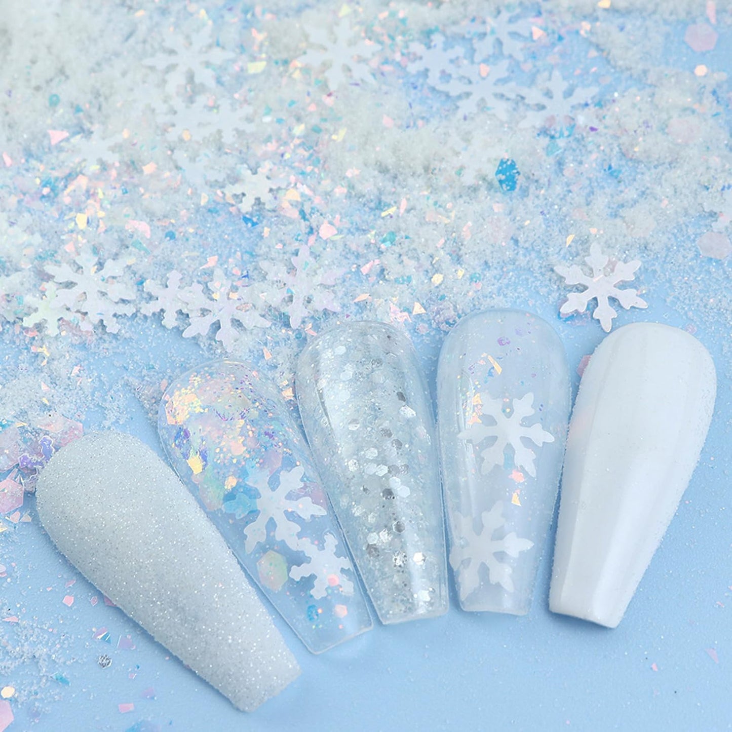 Snowflake Nail Art Glitter White Blue Winter Nail Sequins Flakes, White Manicure fine Glitter Powder, 3D Holographic Round Hexagon Nail Stickers Decals Supplies Nail Charms for Women 6 Box