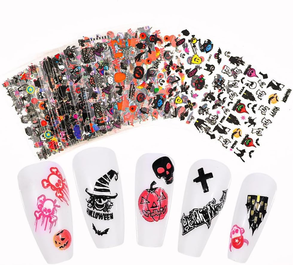 30 Sheets Halloween Nail Stickers Pumpkin Ghost Face Nail Charms Decals 3D Self Adhesive Spider Web Cat Bat Manicure Art Sticker for Acrylic Nails DIY Decorations